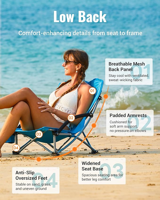 KingCamp Low Beach Chair, High Back Folding Camping Chair for Adults, Oversized Breathable Mesh Seat, 300lbs Heavy Duty Portable Chair with Cup Holder & Storage Pockets for Beach, Outdoor
