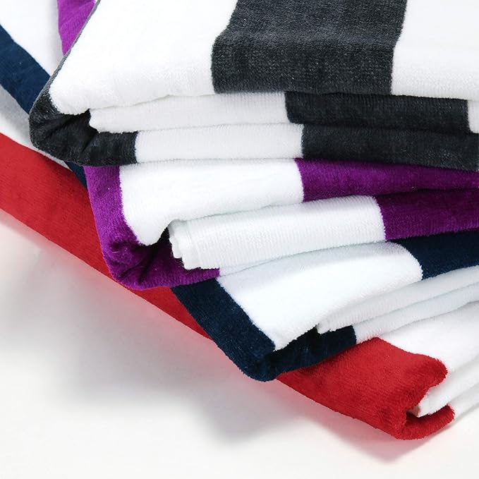 Exclusivo Mezcla 4 Pack Cotton Oversized 35x70 Inches Soft Cabana Stripe Thick Beach Towel, Super Absorbent Travel Bath Pool Towel (Charcoal Grey/Dark Navy/Purple/Red)