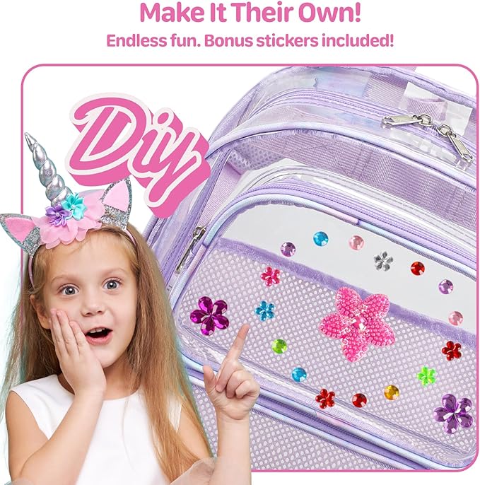 Bagseri Clear Backpack for Girls - 15 Inch Heavy Duty Kids Clear Bookbag for Kindergarten to Grade 2, Transparent School Bag with Reflective Strip, Fits Folders, Purple Tie-dye