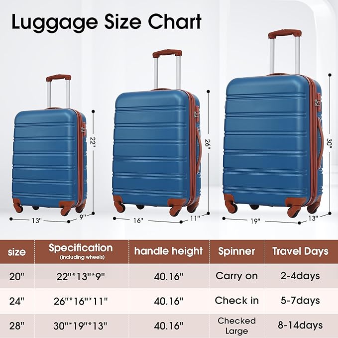 3 Piece Luggage Sets Hardside Spinner Suit Case with TSA Lock 20" 24' 28" Available