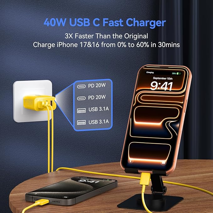 USB C Wall Fast Charger Block, 40W 4-Port Type C Chargers Fast Charging Blocks PD Power Charger Adapter+QC 3.0 USB Multiport Charger Brick for Phone 17/16/15/14/13/12 Pro Max, i-Pad, Galaxy S25-2Pack