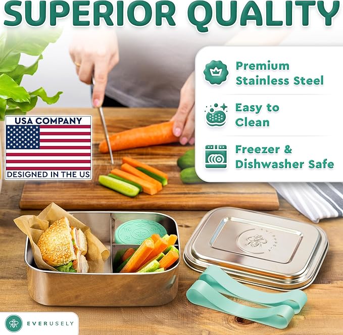 Everusely - Bento Box - Green, 47oz / 1.4 L - Large Stainless Steel Lunch Box with Leakproof Condiment Container - 3 Compartment Snack Organizer for On the Go Meals - Freezer & Dishwasher Safe