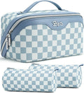 BOYATU Travel Makeup Bag Organizer Cosmetic Bag: 3 Pcs Set Make up Bags for Women with Handle - Waterproof Vegan Leather Toiletry Bag (01-G-Blue)