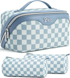 BOYATU Travel Makeup Bag Organizer Cosmetic Bag: 3 Pcs Set Make up Bags for Women with Handle - Waterproof Vegan Leather Toiletry Bag (01-G-Blue)