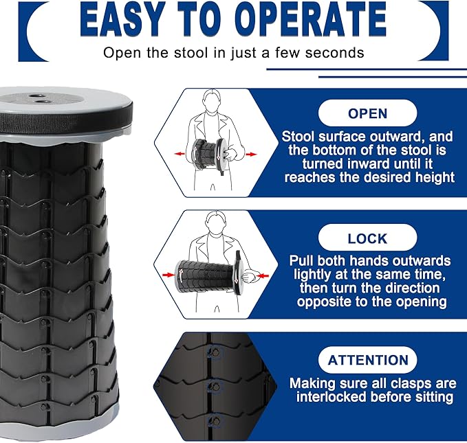 ALEVMOOM Upgraded Nylon Collapsible Stool with 500lbs Max Weight Portable Retractable Folding Telescoping Stools for Adults Chair for Outdoor Camping Fishing Hiking BBQ(Nylon Gray)