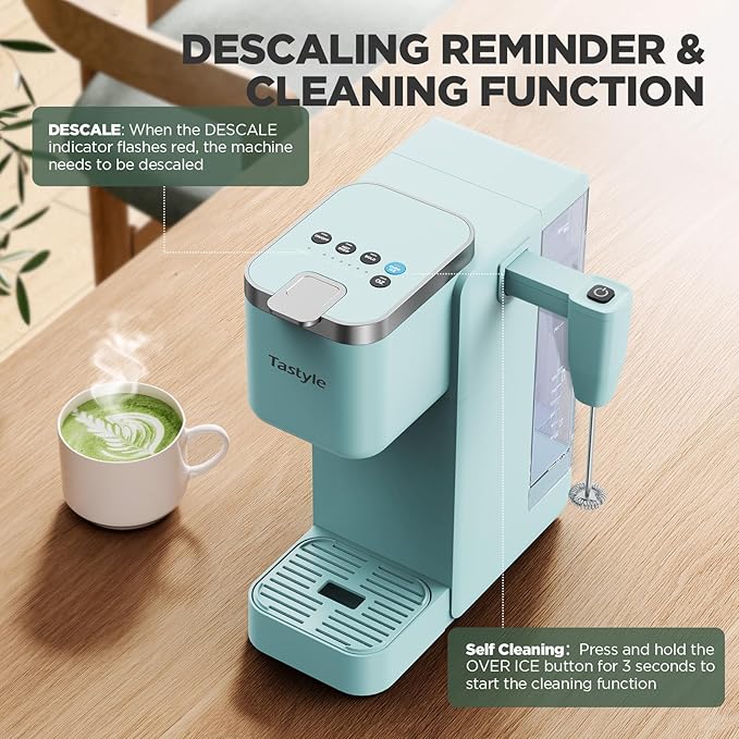 Tastyle Single Serve Coffee Maker with Built-in Detachable Milk Frother, Iced and Hot Coffee Machine for K Cup & Grounds, 40oz Removable Water Reservoir, 6 Cup Sizes, Fits 7.3" Travel Mug, Teal
