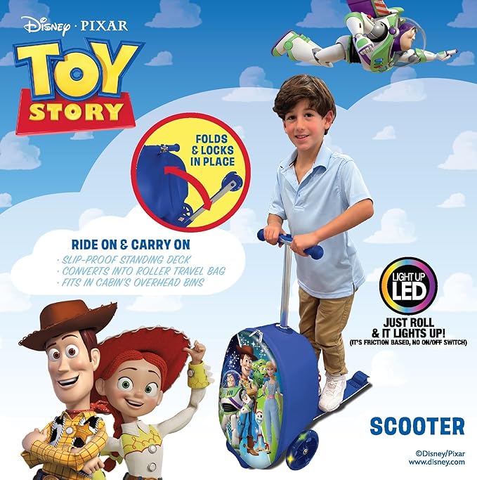 Fast Forward Toy Story 18" Ride-On Suitcase Scooter - Lightweight Carry-On Foldable Scooter Luggage