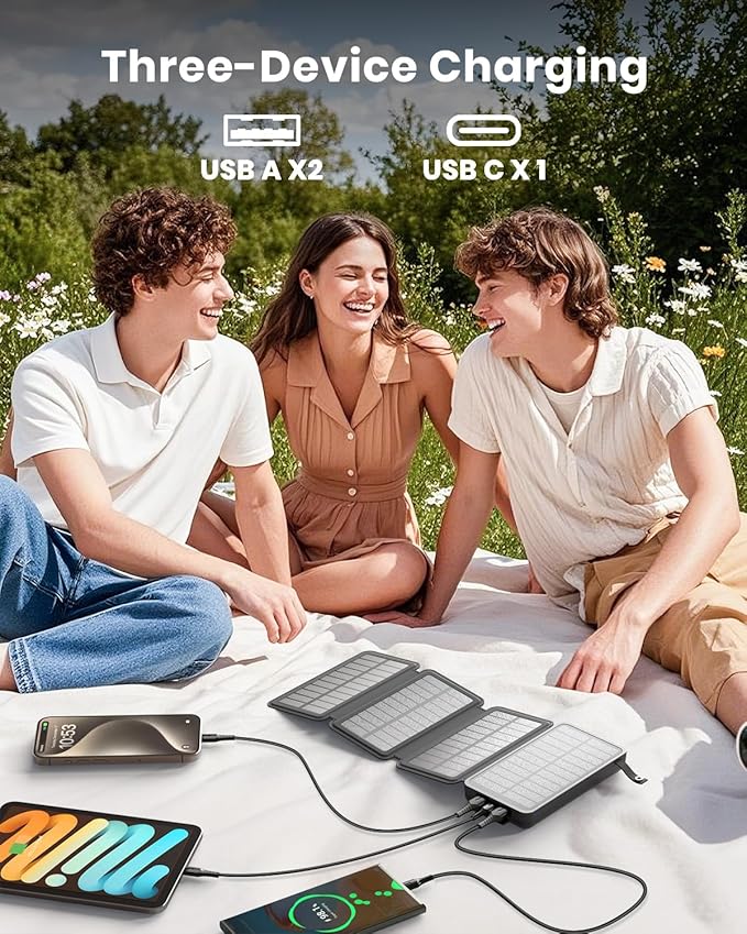 Hiluckey Solar Charger Power Bank - Fast Charging Portable Phone Charger with 4 Solar Panels - USB C PD External Battery Pack with 3 USB Outputs for Cellphone Tablet (Dark Black)