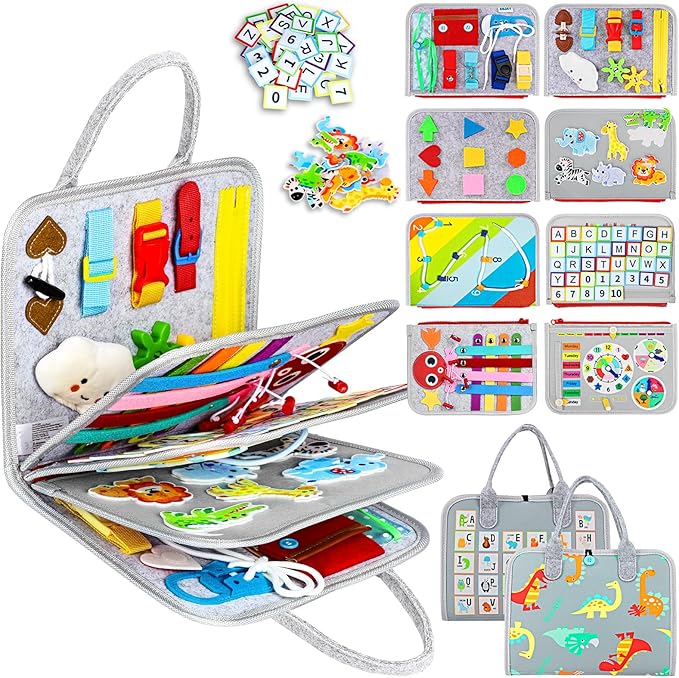 Esjay Toddler Busy Board Montessori Toys for Boys Girls, Sensory Book Educational Activities for Learning Fine Motor Skills, Birthday Gifts for Toddlers, Travel Toys for Airplane Car,Grey Dinosaur