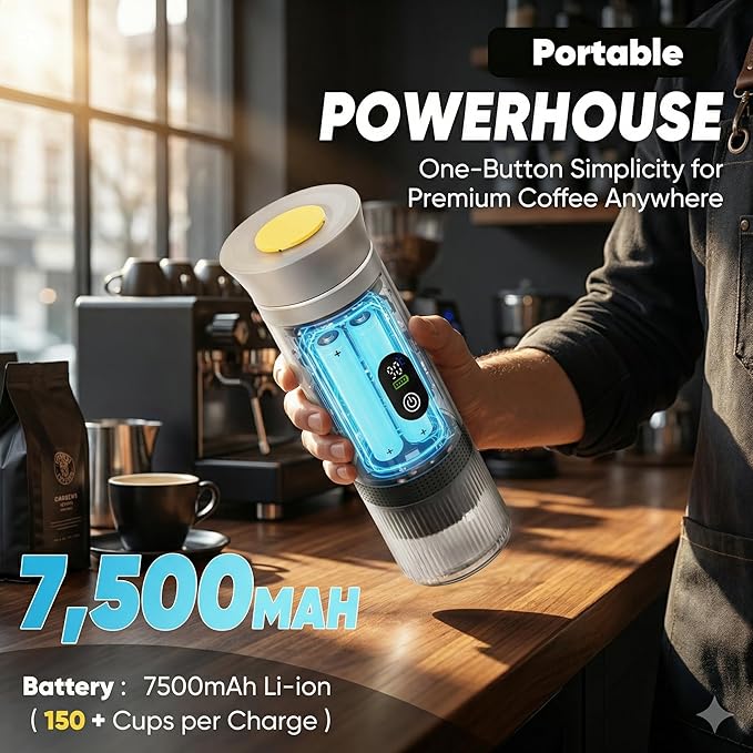 Portable Espresso Coffee Maker, Battery Operated Rechargeable Travel Espresso Machine, Self Heating Mini Coffee Maker for Camping & Car, Works with Ground Coffee and Small/Large Capsules, 80ml Cup