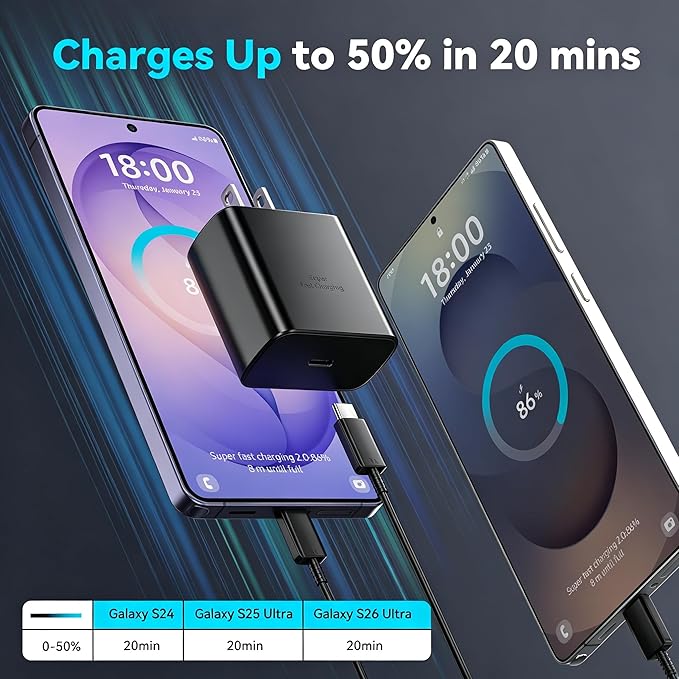 45W Super Fast Charger USB Type C Charger Cord 6.6FT with Android Phone Charger Fast Charging Block for Samsung Galaxy S26/S26 Ultra/S26+/S25/S25 Ultra/S25+/S24/S23/S22/S20/S21/Note 20/Note 10, Black
