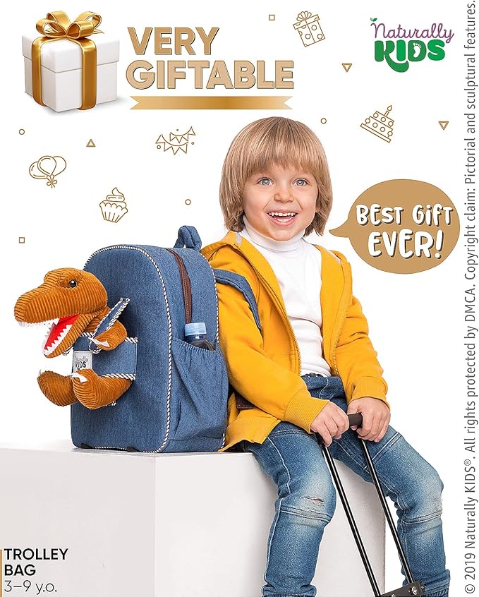 【Upgraded】Toddler Luggage for Boys w Removable Dinosaur Toy | Side & Inner Pockets, Reflective Logo, Name Tag | Kids Rolling Backpack | Travel & Birthday Gifts for 3 4 5 6 Year Old
