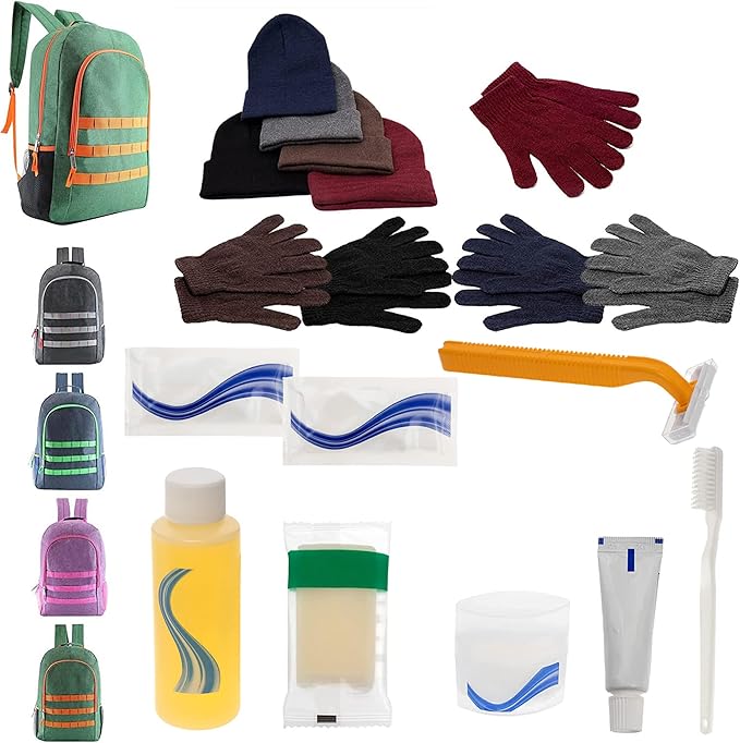 Bulk Case of 12 Backpacks, 12 Winter Item Sets, 12 Hygiene Kits - Hygiene Kits and Clothing for Emergencies, Homeless, Charity