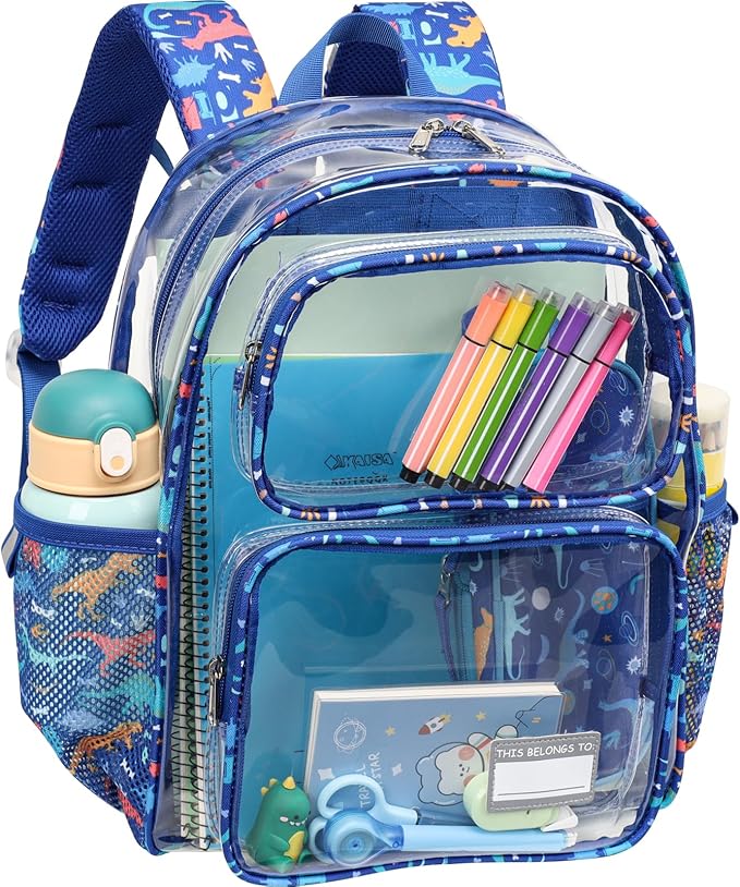 Bagseri Clear Backpack for Boys - 15 Inch Heavy Duty Kids Clear Bookbag for Kindergarten to Grade 2, Transparent School Bag with Reflective Strip, Fits Folders, Blue Dinosaur