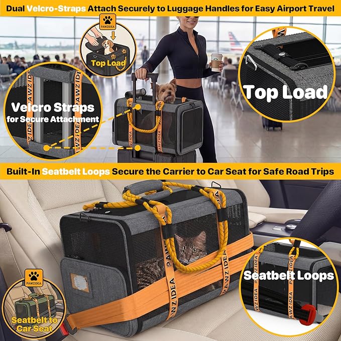 PAWZIDEA Expandable Pet Carrier Airline Approved, 18"×11"×11" Small Dog Carriers, Collapsible Top-Load Cat Carrier for 2 Cats Under Seat, Soft-Sided Puppy & Animal Travel Bag, ID Card, Up to 15lbs