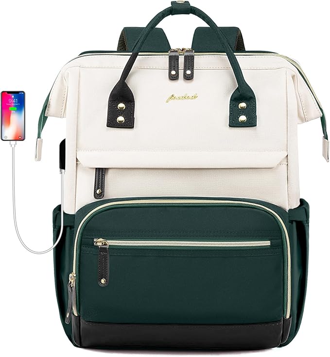 Laptop Backpack for Womem Work Bags: 17.3 Inch Travel BackPacks With USB Charging Port Anti Theft Fashion College BookBag Durable Daypack Purse Bussiness Back Pack for Nurse Teacher Green Beige