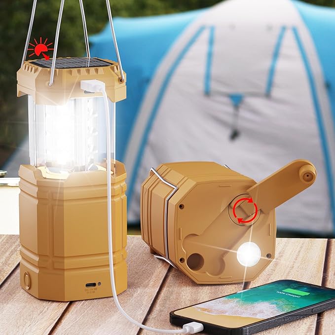 3000mAh Large Capacity Hand Crank Solar Camping Lantern, Portable Ultra Bright LED Torch, 23-26 Hours Running Time, USB Charger, Electronic Lantern for Outdoor