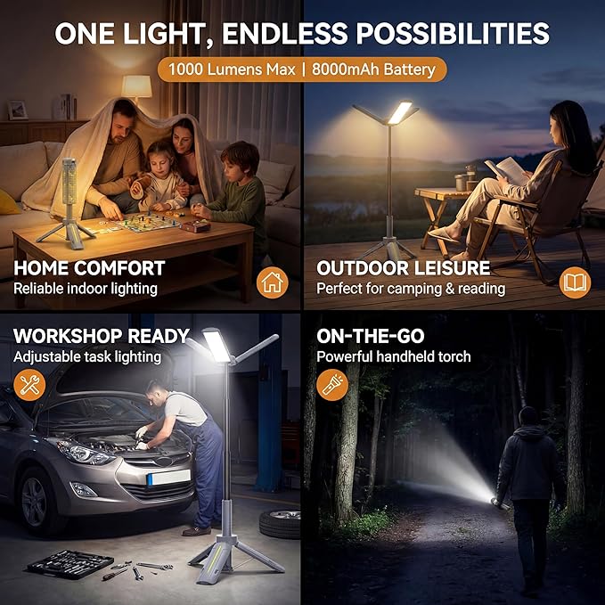 BUBRA 40" Telescopic Camping Lights with Stand, 8000mAh Rechargeable LED Work Light & Camp Lantern, 1000LM Portable Tripod Lamp, 20H Runtime for Power Outages, Survival Gear and Camping Essentials