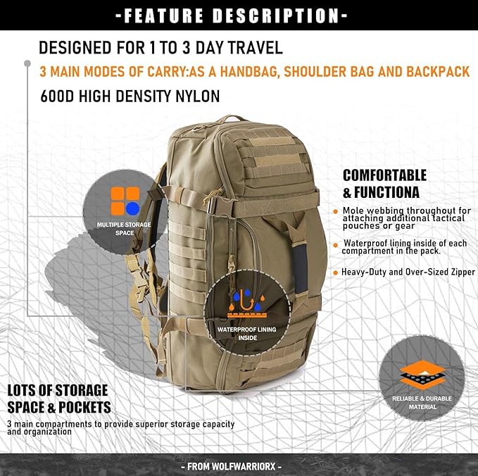 Miramrax Travel Duffle Bag Backpack for Men - Large Tactical Bags Weekender Gym Bag for Overnight Traveling Military Workout Deployment Sports (Coyote, 25L)