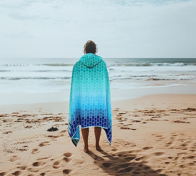 COTTON CRAFT Hooded Beach Towel - Oversized XXL 35x84 Towel with Hood for Adults - The Big Kahuna 7 Foot Large Beach Blanket Towel - Big & Tall - Soft 100% Cotton Velour Pool Bath Wrap - Blue Tiles