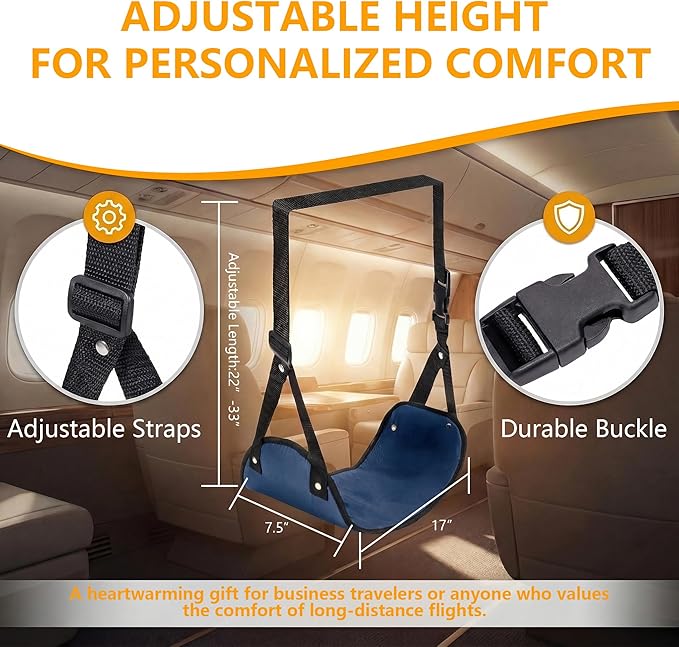 Airplane Footrest Hammock, Adjustable Foot Rest for Long Flights - Travel Must-Haves and Travel Essentials,Portable Airplane Gadgets for Flying Comfort(Navy Blue,1 Pack)