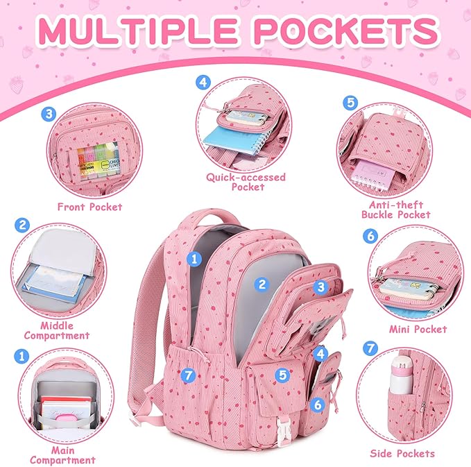PIG PIG GIRL Corduroy Backpack Kids Backpack for Girls School Bags for Middle School Students Book Bag for Elementary Primary Kawaii Ita Backpack, Pink Strawberry
