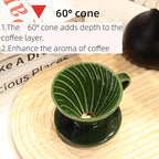 Ceramic Pour Over Coffee Dripper includes 50 Filters Porcelain Coffee Maker 01 Hand Drew Brewing Pottery Green Portable Artisanal Manual Gift for 1-2 People Home, Office, School, Camping