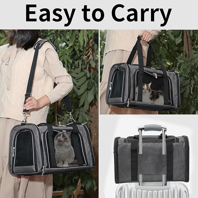 Soft-Sided Cat/Dog/Pet Carrier, Collapsible Pets Travel Carriers for Big Cats/Small Dogs with Shoulder Strap & Removable Mat, Mesh Puppy Carry Bag, Up to 25 Lbs (Dark Grey)