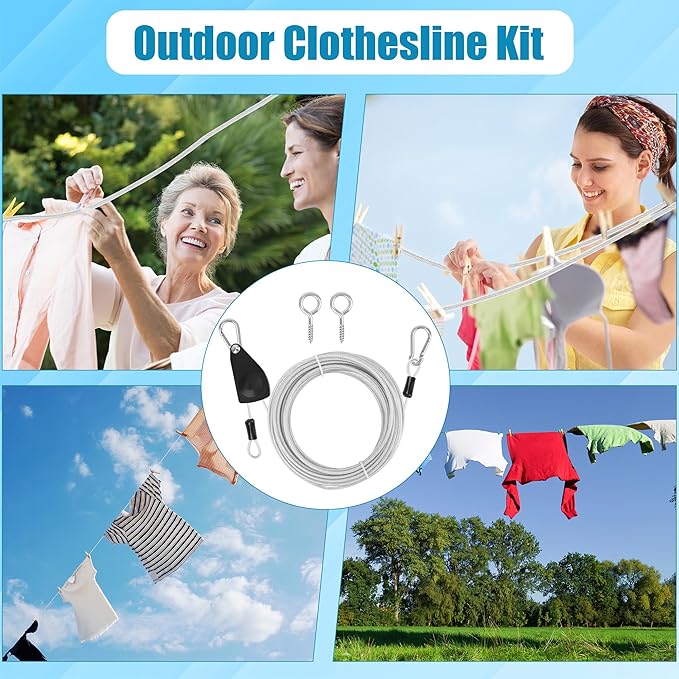 20FT Retractable Travel Clothesline, Adjustable Outdoor Clothesline Drying Clothes Line Laundry for Travel Camping, with Ratchet Pulley/ 2 Screws/ 2 Buckles (Black+Silver, 236, Inches)