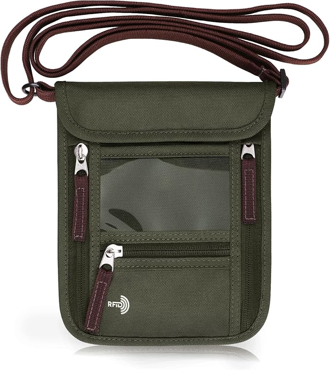 WALNEW Passport Holder Neck Pouch Travel Wallet for Women and Men, RFID Blocking Security Slim Traveling Wallet with Around Neck Lanyard Strap, Army Green