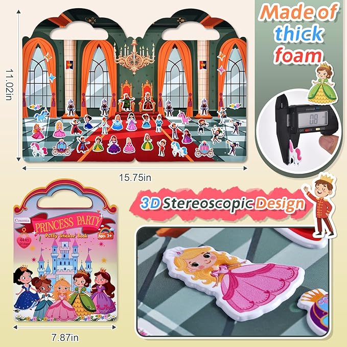 6 Set (260pcs) Puffy Sticker Books Activity for Girls, Reusable Stickers Book, Fairytale+Garden+Princess Party+Mermaid+Kids Zone+Girls' Shop, Travel Book for Kids Ages 3+
