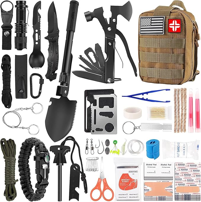 LUXMOM Emergency Survival Kit and First Aid Kit, 142Pcs Professional Survival Gear and Supplies Equipment with Molle Pouch, Gift for Christmas Men Dad Husband Camping Hiking Hunting Outdoor Adventure