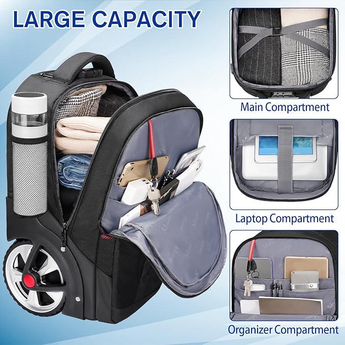 MATEIN Rolling Backpack for Men with Wheels, 17 Inch Large Wheeled Backpack with Combination Lock, Water Resistant Anti Theft Travel Laptop Backpack for Adults Work Business, Black