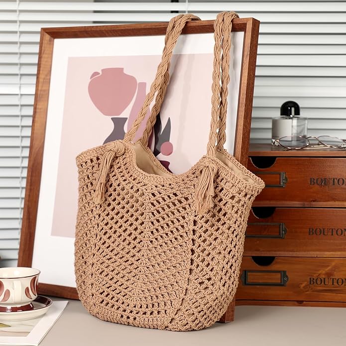 Pleneal Crochet Beach Bag, Summer Woven Tote Bag with Lining, Soft Purse Shoulder Bags for Vacation