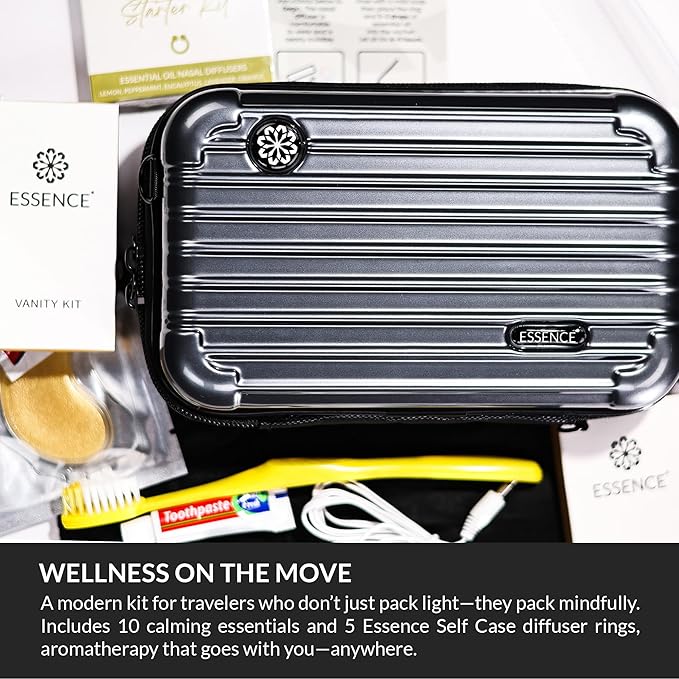 Essence Travel Amenity Kit | Travel Essentials & Travel Size Toiletries Kit | 5-Pack Nasal Diffuser Rings, Sleep Mask, Lotion & Hygiene Kit | Travel Toiletry Kit for Women | Gray Case
