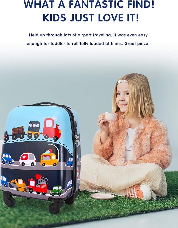 GURHODVO Kids Luggage with Spinner Wheels for Boys Girls Carry on Hardshell Suitcase Travel Trolley Toddlers Children Gift (vehole, 18inch)
