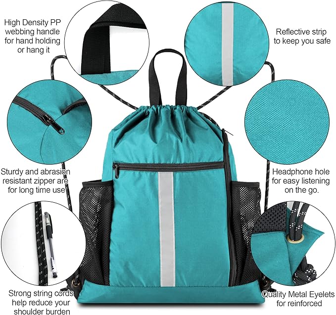 BeeGreen Teal String Backpack Bag Cinch Sack with Shoe Compartment and Two Zipper Pockets and Two Side Mesh Pockets Lightweight Large Drawstring Gym Sackpack for Men and Women