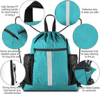 BeeGreen Teal String Backpack Bag Cinch Sack with Shoe Compartment and Two Zipper Pockets and Two Side Mesh Pockets Lightweight Large Drawstring Gym Sackpack for Men and Women
