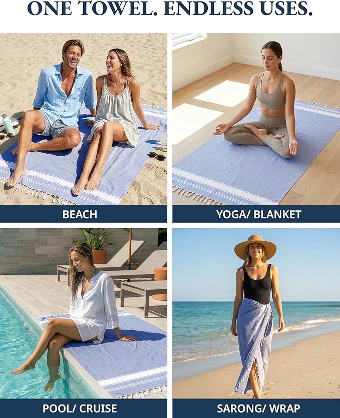 LANE LINEN Turkish Beach Towels, Extra Large Beach Towel, Pre-Washed for Soft Feel, Oversized Sand Free Quick-Dry Pool Towel, Beach Towels for Adults,39" x71" - Forever Blue