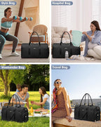 FOCDOD Travel Duffle Bag for Women - Weekender Bags with Shoe Compartment Large Carry on Overnight Tote Bag with Toiletry Bag Traveling Yoga Gym Bags with Wet Pocket Mommy Hospital Bag Black