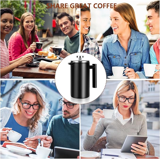 SZHETEFU 34 OZ Large French Press, Premium Stainless Steel Sturdy Insulated French Press Coffee Maker, 4-8 Cups French Coffee Press, Tea Presses for Home Kitchen Caming Loose Tea, Elegant Black