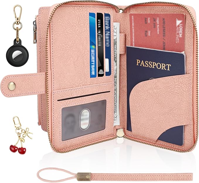 RFID Blocking Passport Wallet, Anti Theft PU Texture Passport Pouch with Tracker Case, Travel Document Organizer Zipper Wallet with Wrist Strap & Keychain, Gifts for Women and Men (Pink)