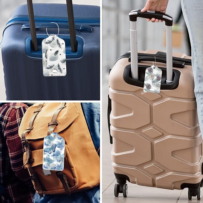 Rimilak 3 Pcs PU Leather Luggage Tags for Suitcase, Travel Cruise Luggage Tag with Privacy Flap, Name ID Label and Metal Loop for Women Men Baggage Handbag School Bag Backpack, Butterfly Feather