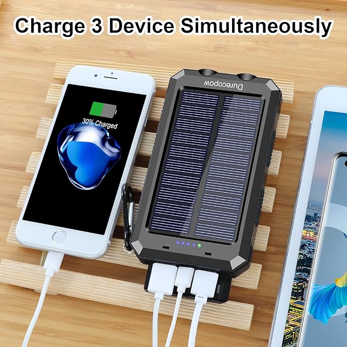 Solar Charger Power Bank, 8000mAh Portable Outdoor Waterproof Solar Battery Charger, Camping External Backup Battery Pack USB C Ports Input/Output, 2 Led Light Flashlight with Compass (Black)