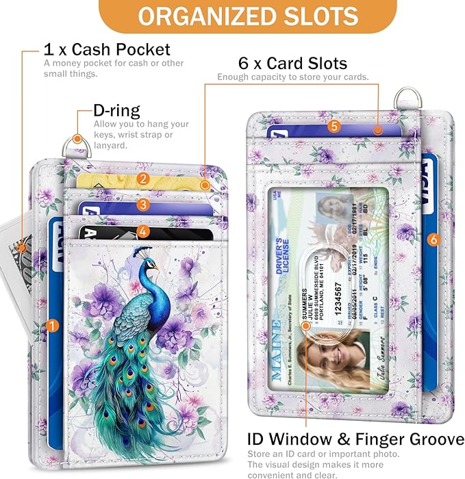 Yonlevres Credit Card Holder Slim Wallet, Peacock RFID Wallet Women Front Pocket Small Card Holder, Cute Travel Thin RFID Blocking Card Organizer Card Case ID Window PU Leather Girl Ladies