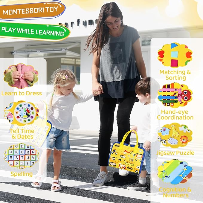 Esjay Toddler Busy Board Montessori Toys for Boys Girls, Sensory Book Educational Activities for Learning Fine Motor Skills, Birthday Gifts for Toddlers, Travel Toys for Airplane Car, Yellow Truck