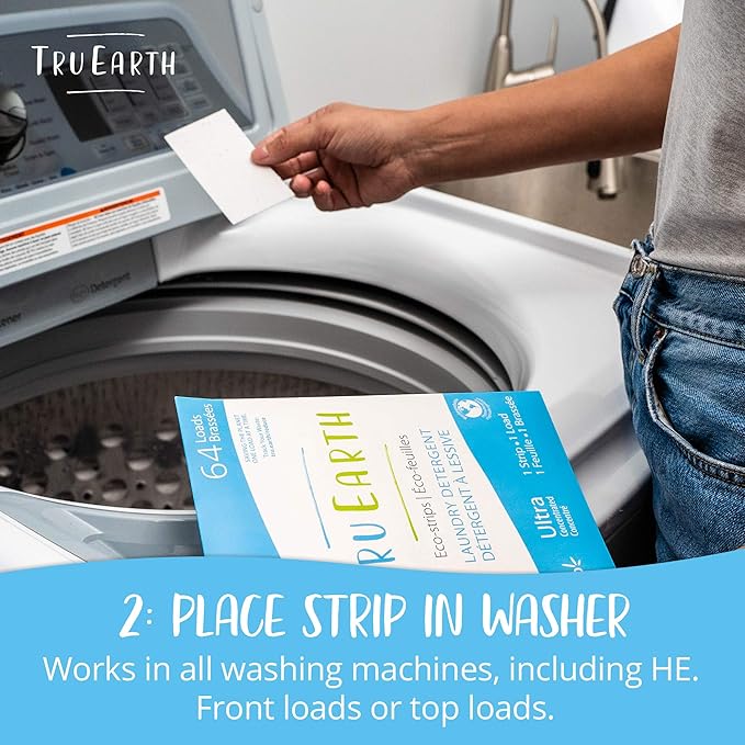 Tru Earth Compact Dry Laundry Detergent - Up to 128 Loads (64 Sheets) - Paraben-Free - Original Eco-Strip Liquidless Detergent, Travel - Fresh Linen | Packaging May Vary