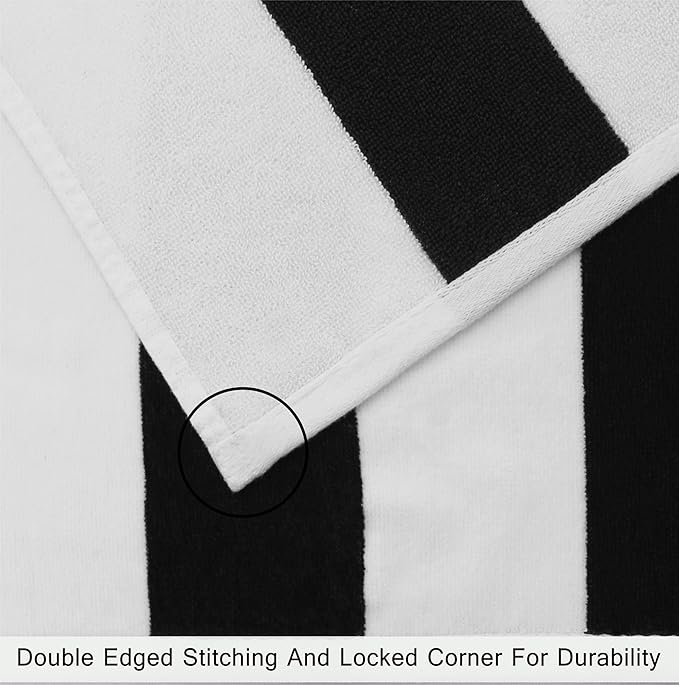 COTTON CRAFT Hooded Beach Towel – Oversized 35 x 70 Towel with Hood for Adults - 100% Cotton Velour Dobby Terry Towel - 450 GSM Pool Bath Wrap - Soft Absorbent Quick Dry – Cabana Stripe Black