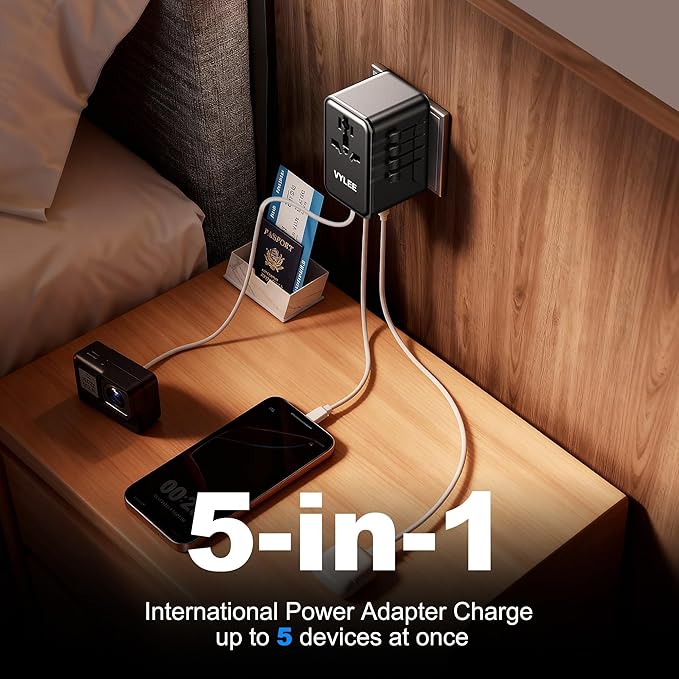 VYLEE Universal Travel Adapter, Type D/G/C/I/A International Adaptor with 2 USB C 2 USB A, Worldwide Charger for Europe UK Maldives Sri Lanka India Nepal Ghana Zimbabwe Tanzania Nigeria (Black)