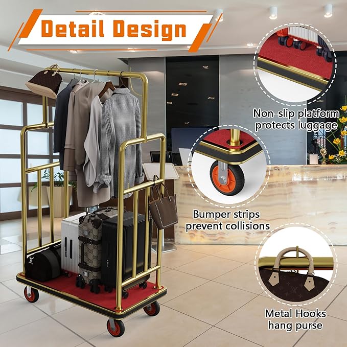 Gold Hotel Luggage Cart,42"x24" Bellman Cart with Baffle Guardrail and 6In Caster Weight Capacity Up to 850LBS Provide Convenience to Guest Gold Finished Hotel Cart Add Elegance to Hotel&Resort